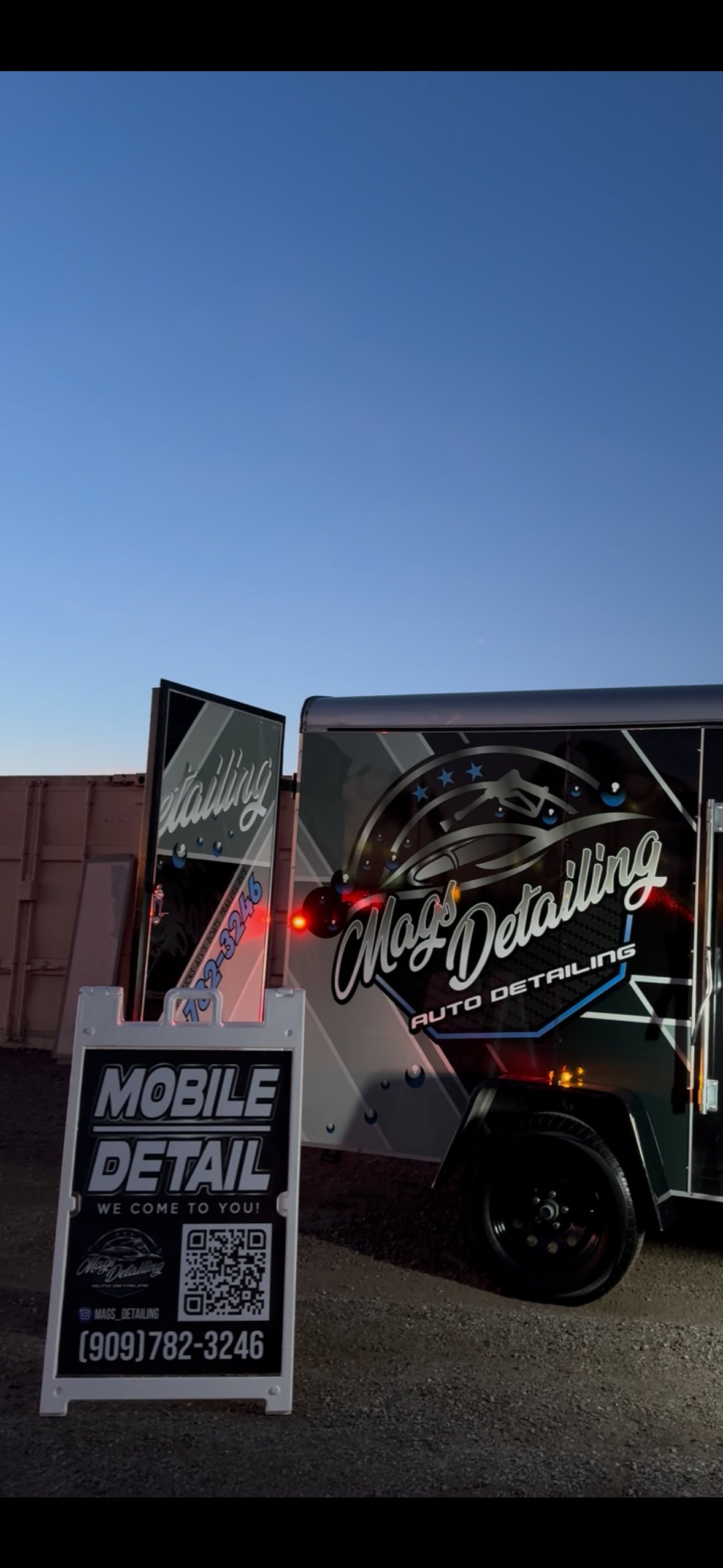 Mobile detail service truck with Allocs Detailing branding and signage advertising auto detailing with contact number 909-782-3246